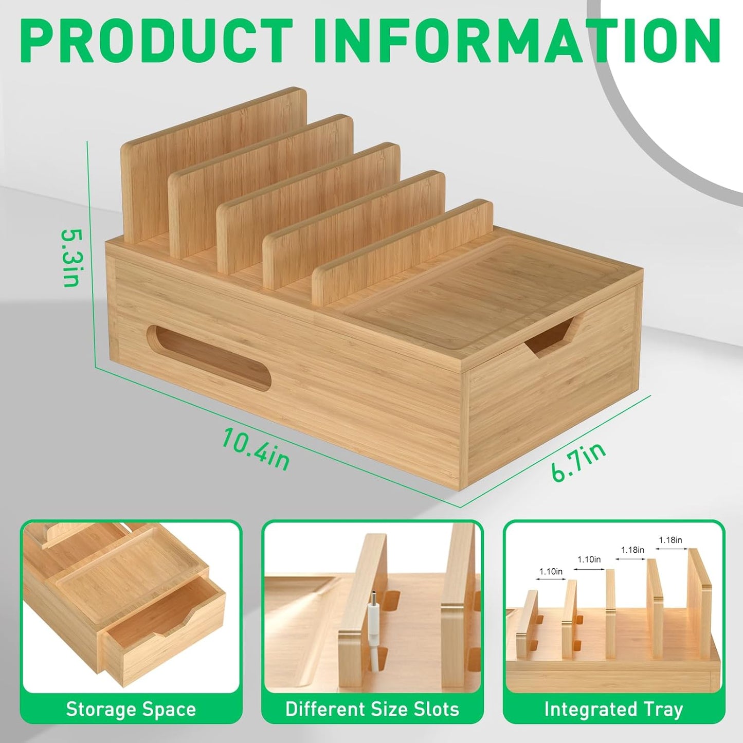 Bamboo Charging Station for Multiple Devices, Desktop Charger Organizer with Tray& Drawer, Wooden