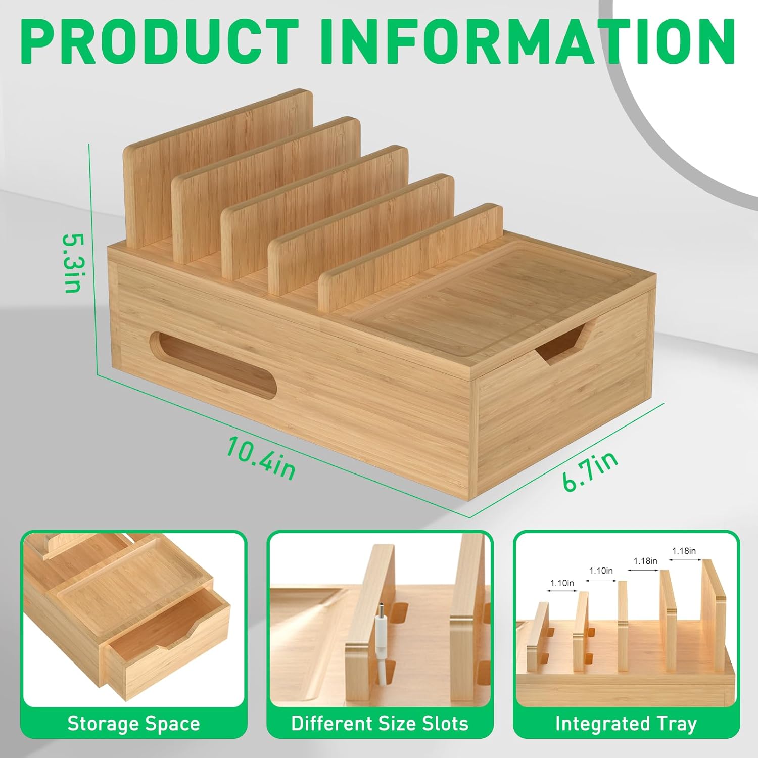 Bamboo Charging Station for Multiple Devices, Desktop Charger Organizer with Tray& Drawer, Wooden