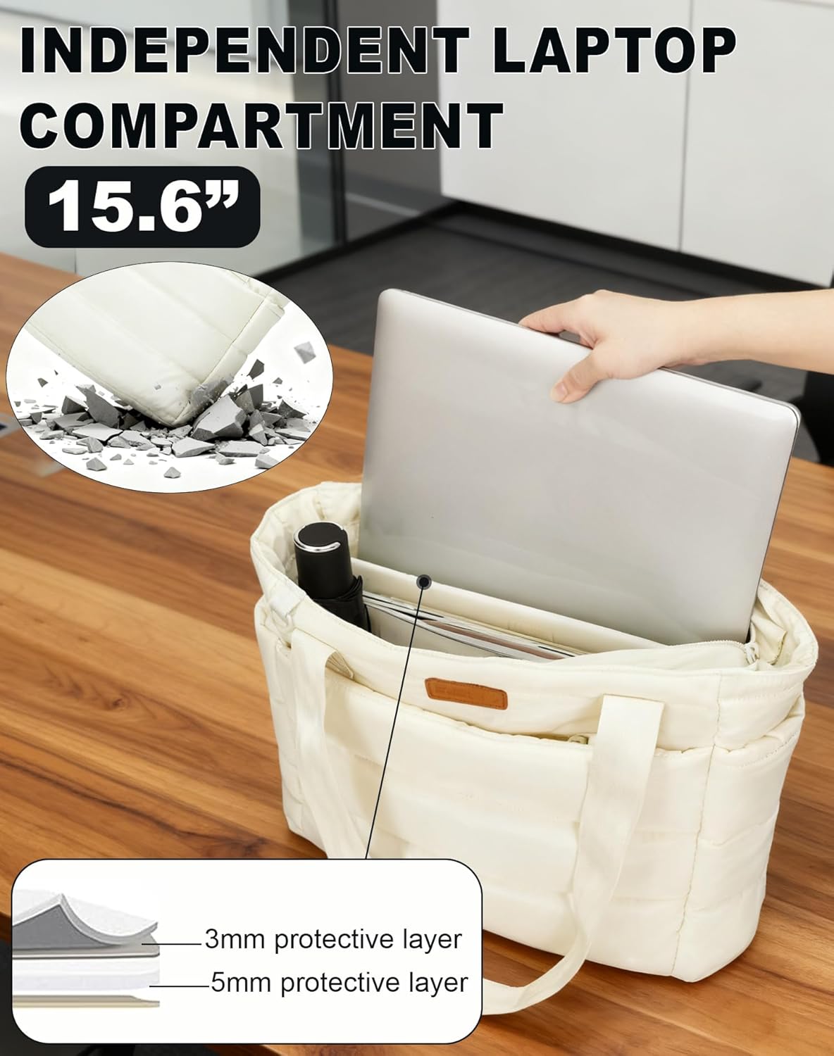 Tote Bag for Women, Quilted Puffer Work Bag for Nurse with 16" Laptop Pocket, Puffy Travel Shoulder Bag for School Gym