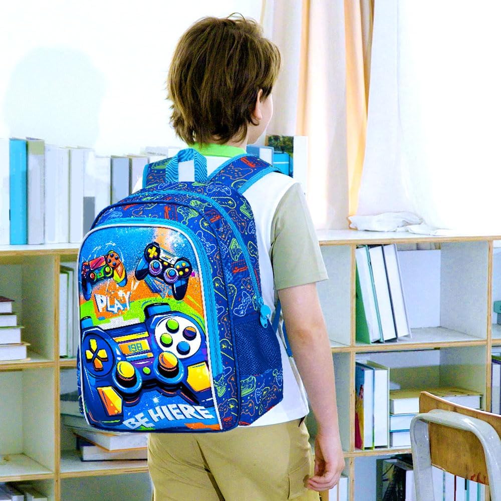 Gamer Backpack for Boys, 16" Kids Bookbag with Lunch Box, 3Pcs Gaming School Backpacks for Elementary Preschool Kindergarten (Blue)