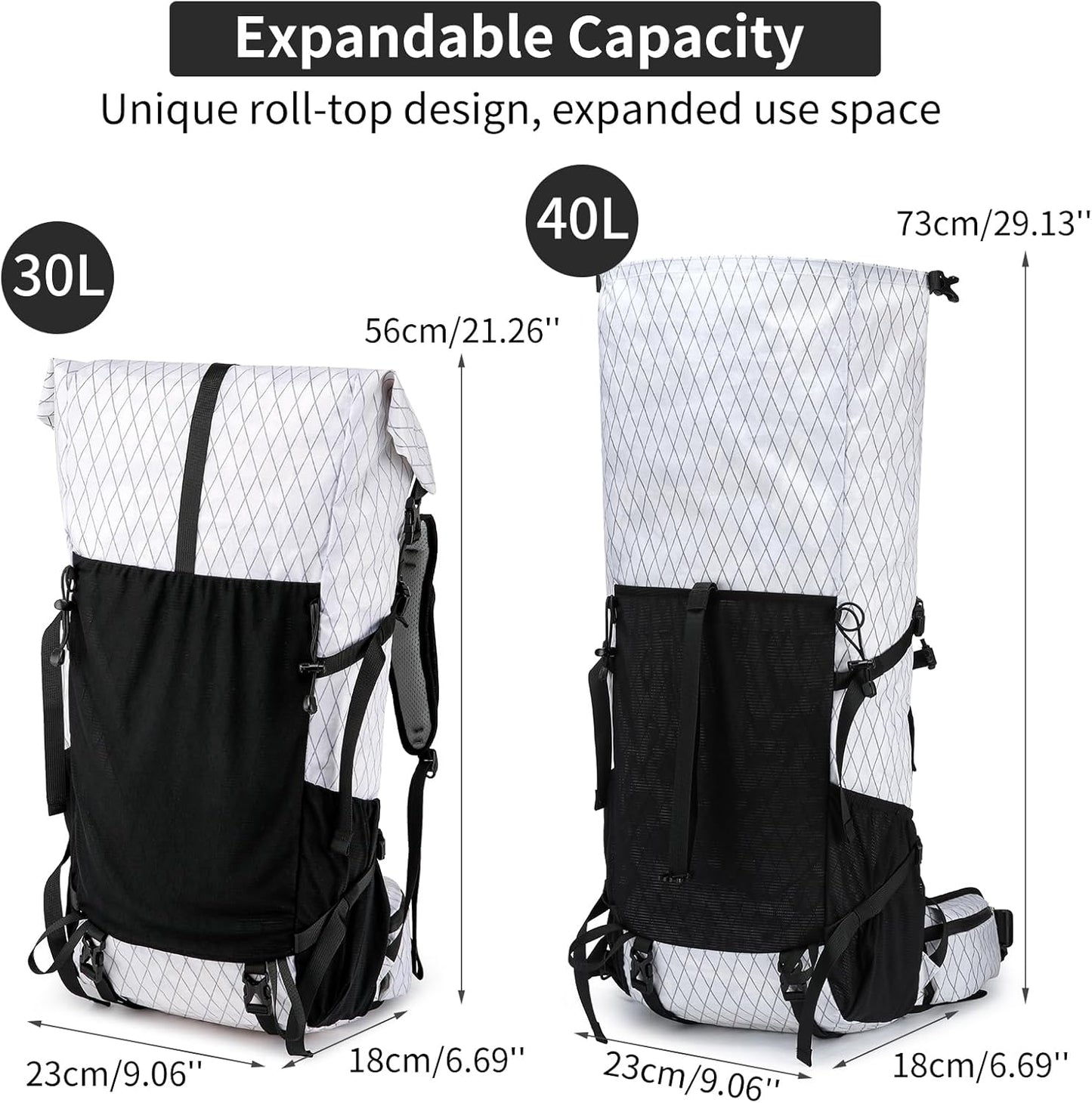 Hiking Backpack,40L Extra Large Capacity Hiking Bag,Internal Frame Camping Backpack,Upgraded X-PAC Lightweight Sport Daypack Travel Backpacks Fit For Mountain Climbing Camping (White)