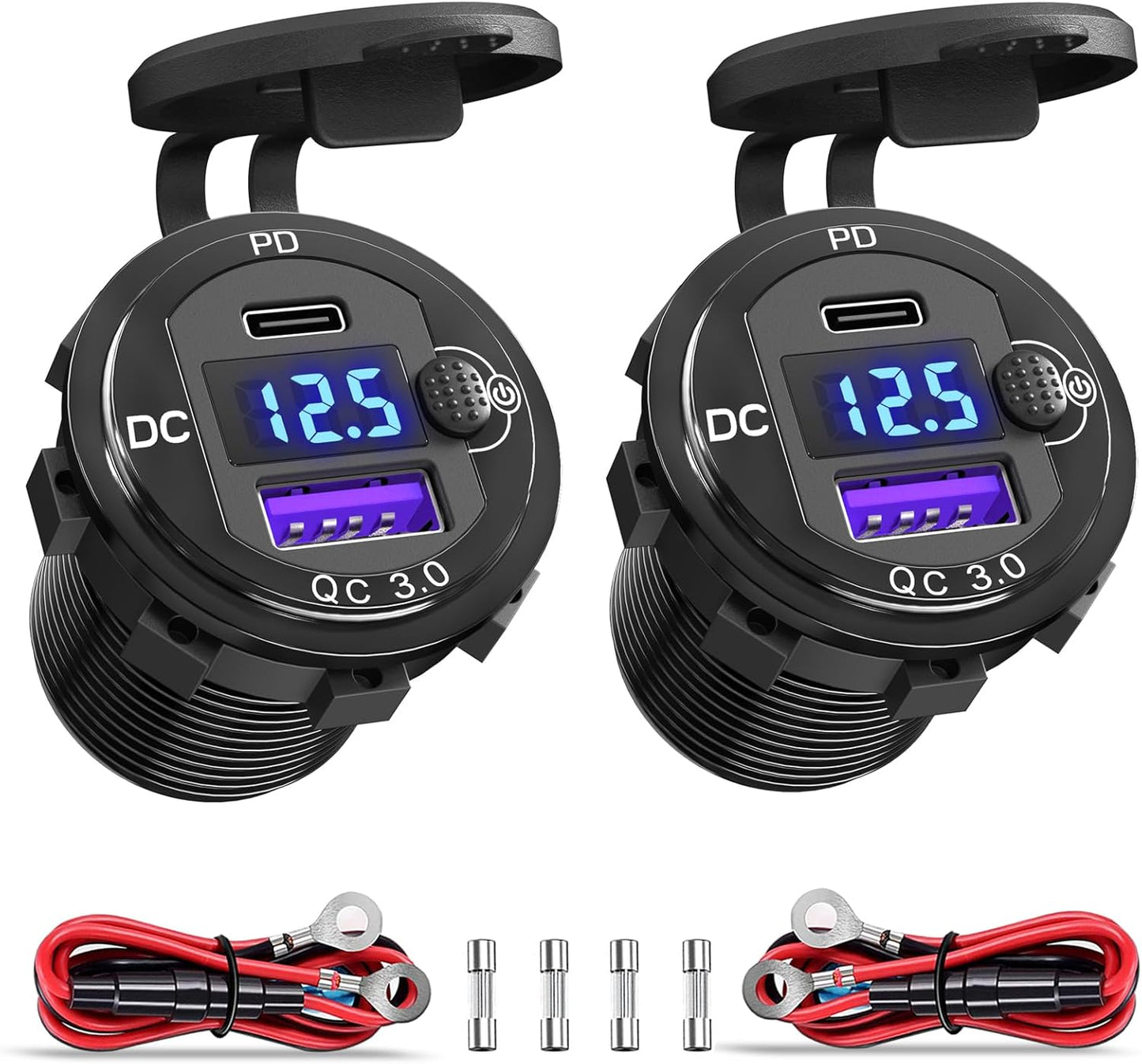 PD 20W USB-C and 18W QC3.0 USB Port Aluminum 12V Charger Socket with Power Switch Voltmeter for Car, Boat, Marine, Bus, Truck, Golf Cart, RV, Motorcycle