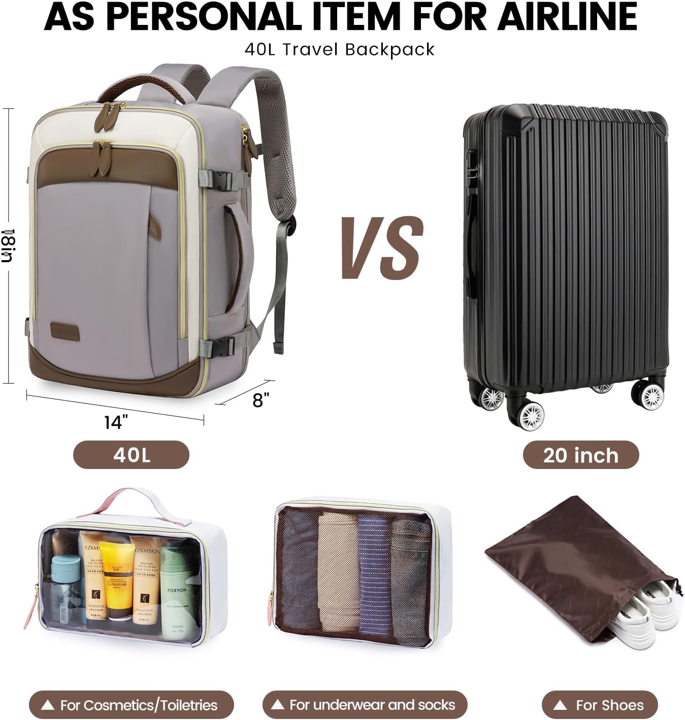 LOVEVOOK Travel Backpack for Women, 40L Carry On Backpack with 3 Packing Cubes,TSA Personal Item
