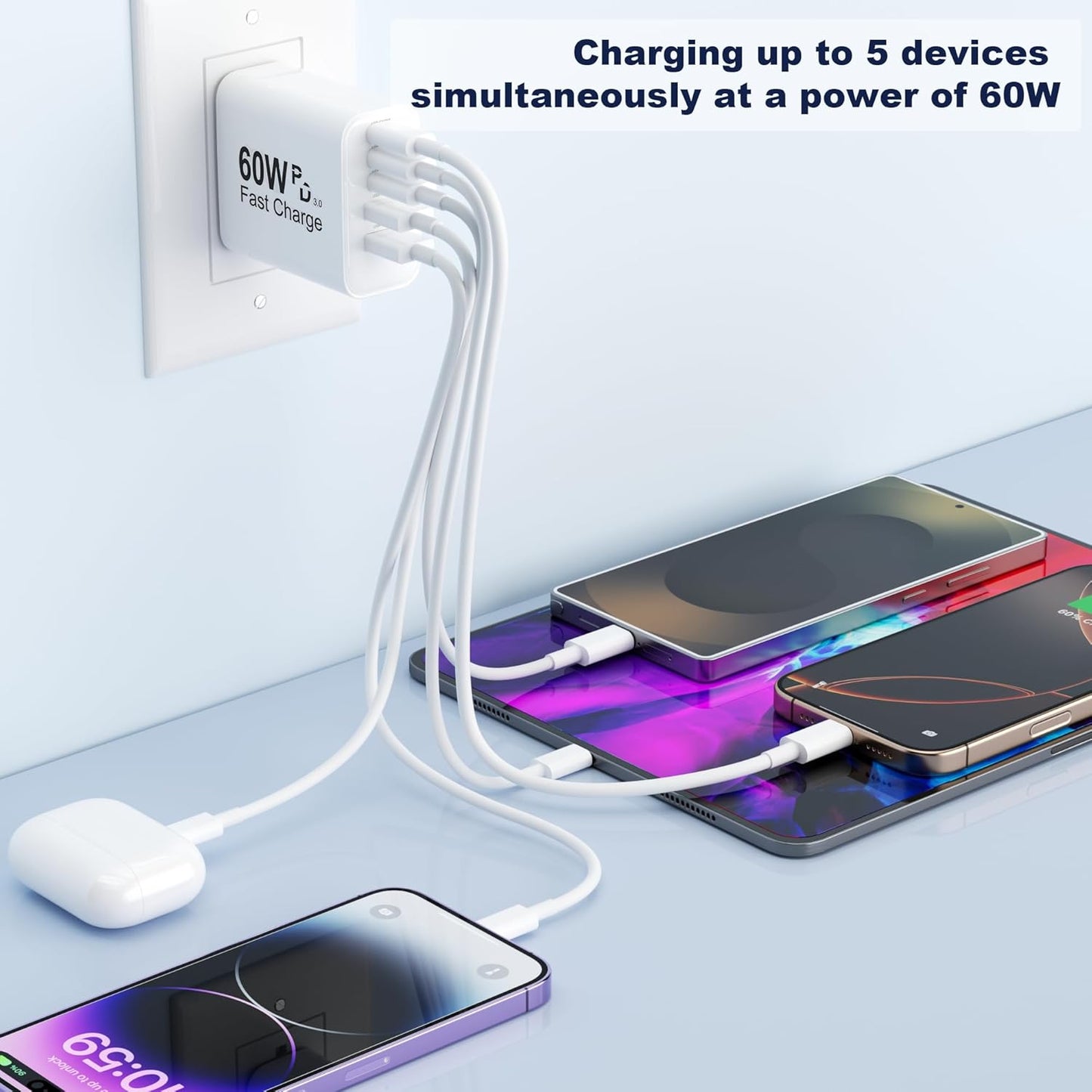 USB C Charger Block, 5 in 1 Single 25W Max iPhone Charger, PD 3.0 60W Charging Blocks, QC 2A USB Wall Charger for iPhone 17 16 15 14 13 12 Pro Max, iPad, iPod, Samsung, AirPods Pro, Apple Watch Series