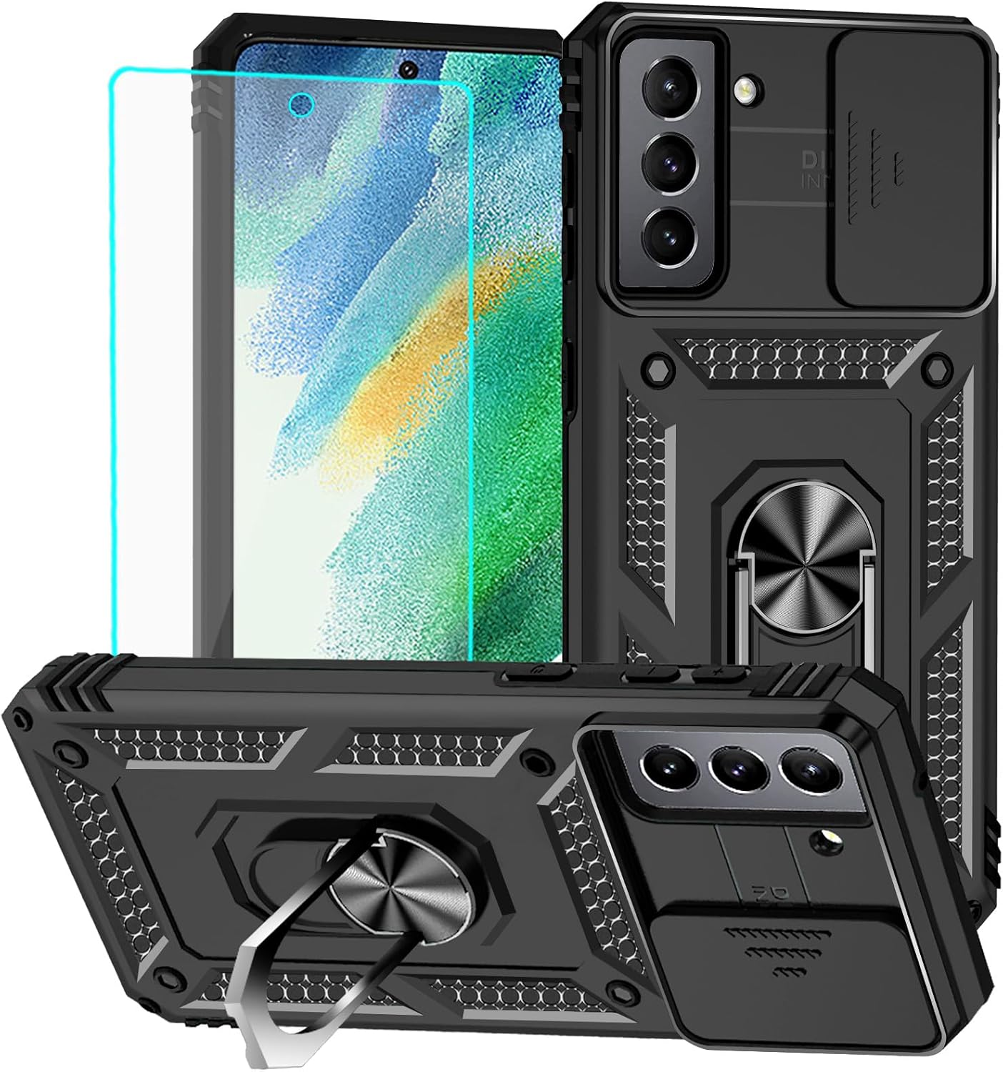 for Samsung S21 FE Case with Screen Protector: [Military Grade 20ft. Drop Tested] Ring Shockproof Protective Phone Case for -Samsung Galaxy S21 FE (Black)