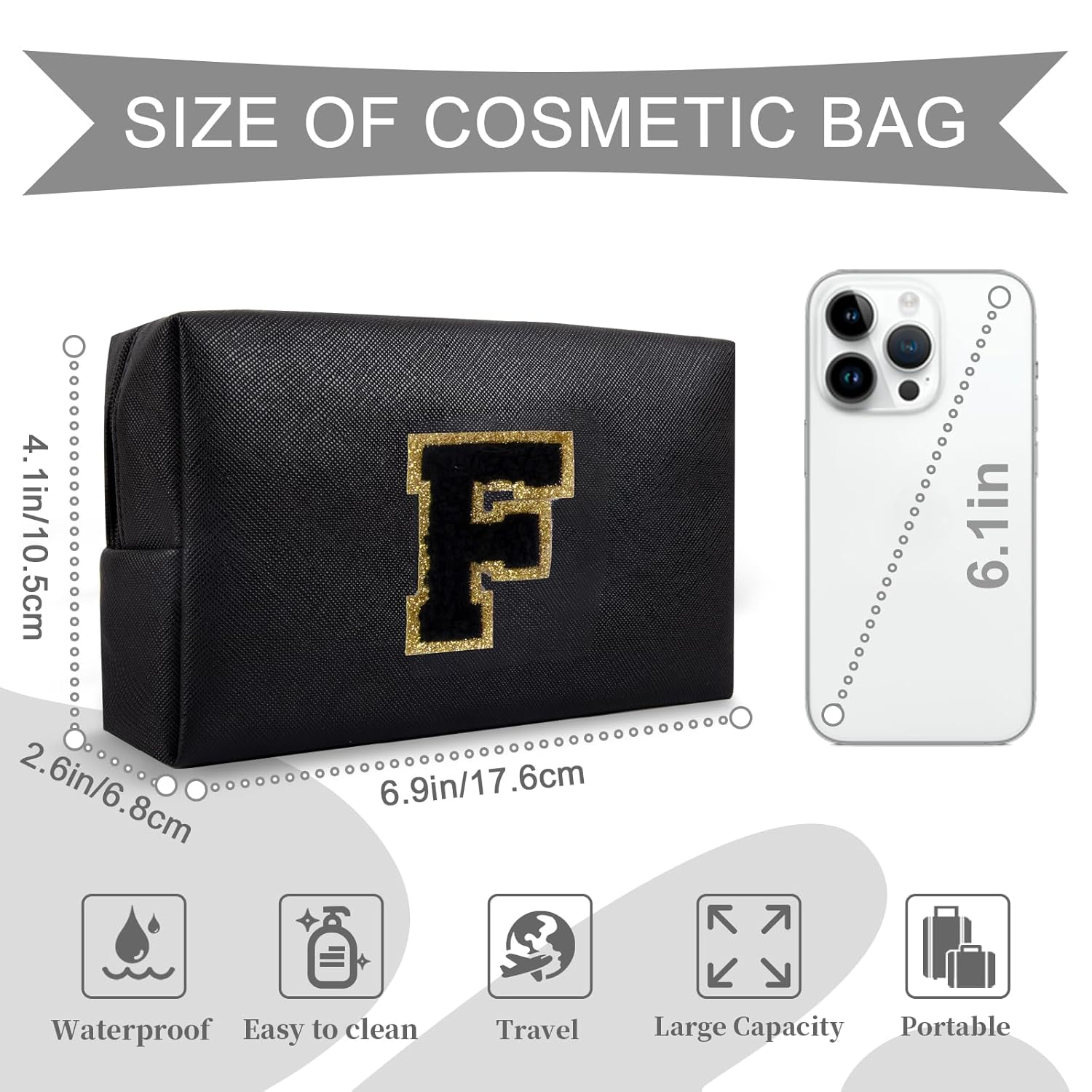 Personalized Initial A-Z Preppy Patch Makeup Bag,Small PU Chenille Letter Cosmetic Bag with Zipper