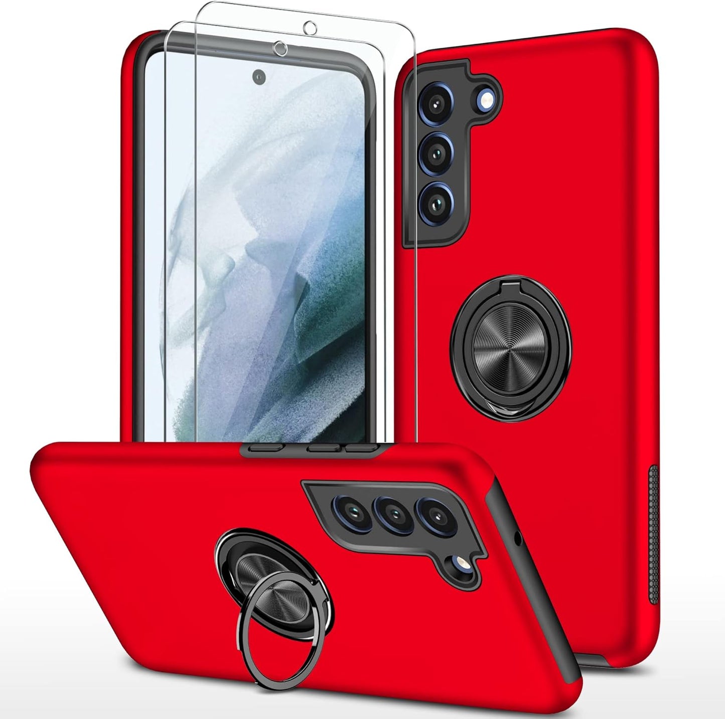 Galaxy S21 FE 5G Case with Nano Explosion-Proof Film - 2 Pack Military Grade Double Shockproof Invisible Kickstand Case - Red