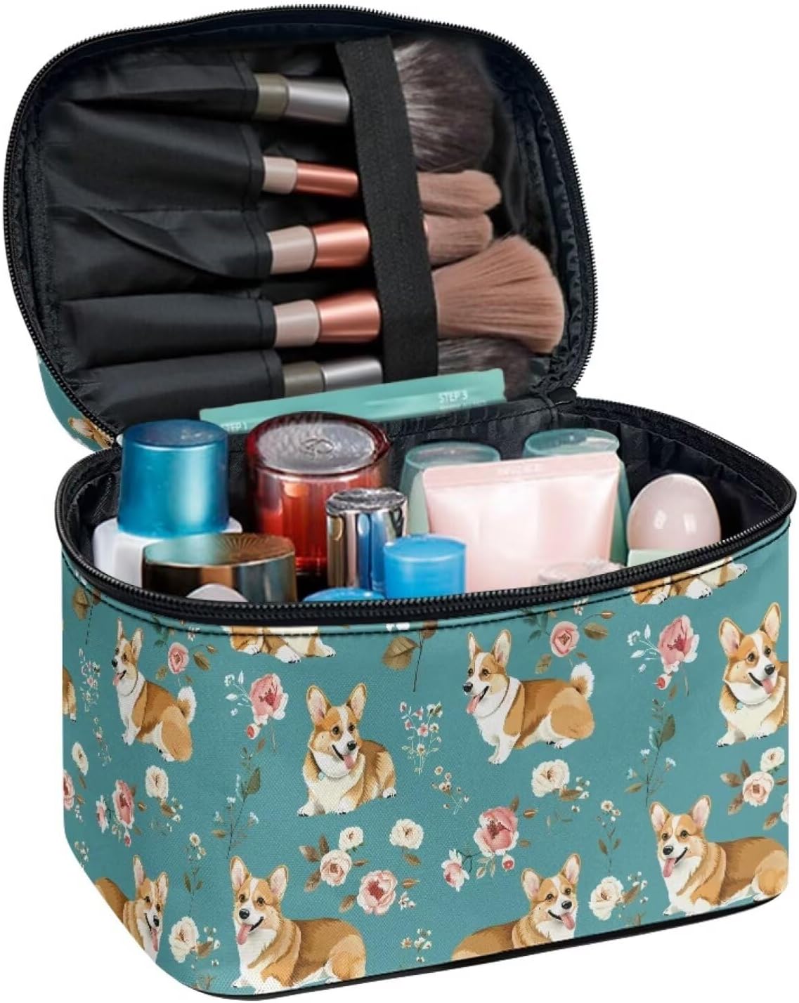 JoyLamoria Corgi Floral Makeup Bag Handbag Tote Bag Casual Cute Cosmetic Bag Brush Bag Toiletry Bag