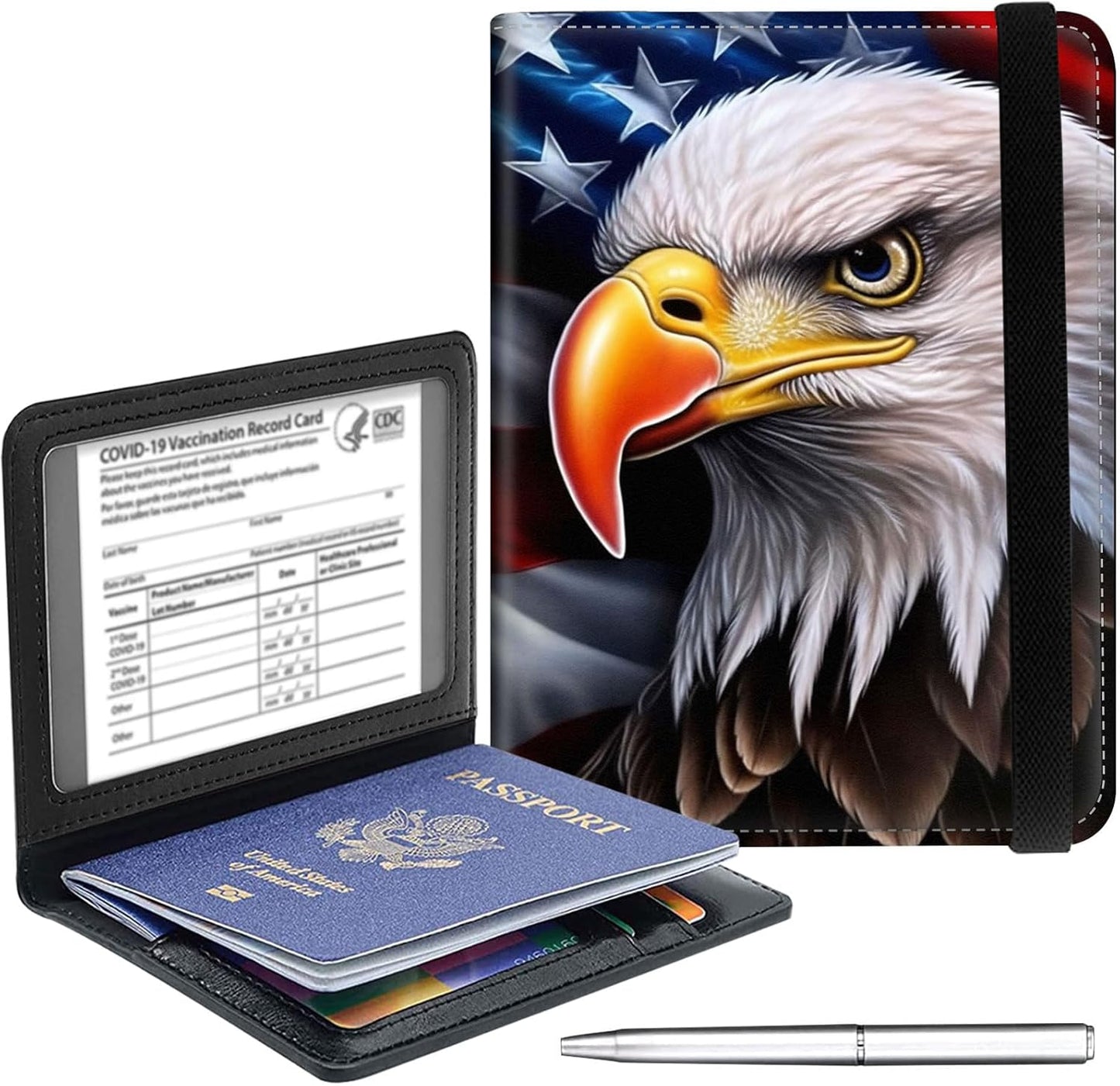 Passport Holder Cover Wallet Travel Essentials RFID Blocking Case Leather Passport Cover Wallet Vaccine Card Slot Organizer for Men Women, Eagle Flag