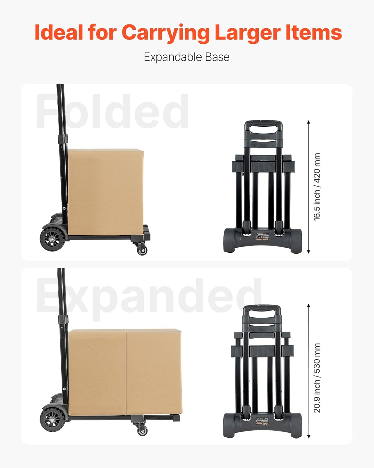 VEVOR Folding Hand Truck, 290 lbs Load Capacity, Collapsible Luggage Cart with 4 Wheels, 2 Elastic Ropes & Expandable Base, Utility Dolly Platform Cart for Airport Travel Luggage Office Moving, Black