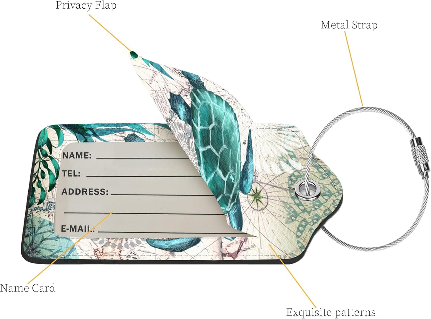 2 Pcs Luggage Tags for Suitcase, Cute Unique PU Leather Travel Bag Tag with Privacy Cover ID Label Address Card and Durable Metal Ring Suitable for Men Women Children Backpack, Turtles