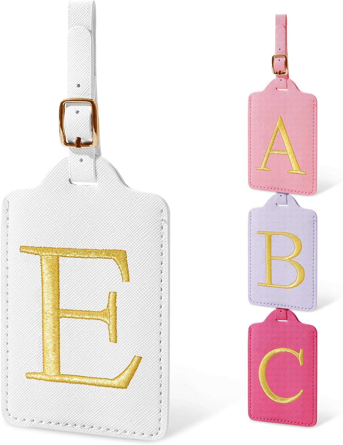 Initial Luggage Tags for Suitcases, Cute Embroidered Letter Luggage Bag Suitcase Identifier Name Baggage Tag, PU Leather Travel Luggage Tags, Bag Tags for Men Women Kids Luggage Handbags(White E)