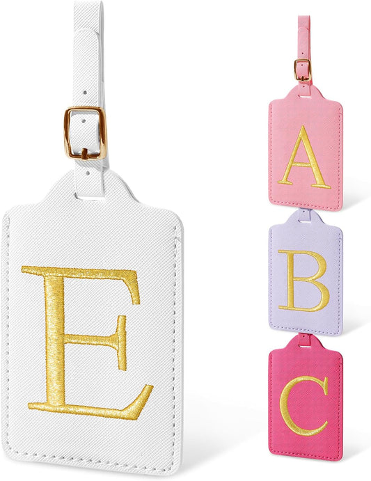 Initial Luggage Tags for Suitcases, Cute Embroidered Letter Luggage Bag Suitcase Identifier Name Baggage Tag, PU Leather Travel Luggage Tags, Bag Tags for Men Women Kids Luggage Handbags(White E)