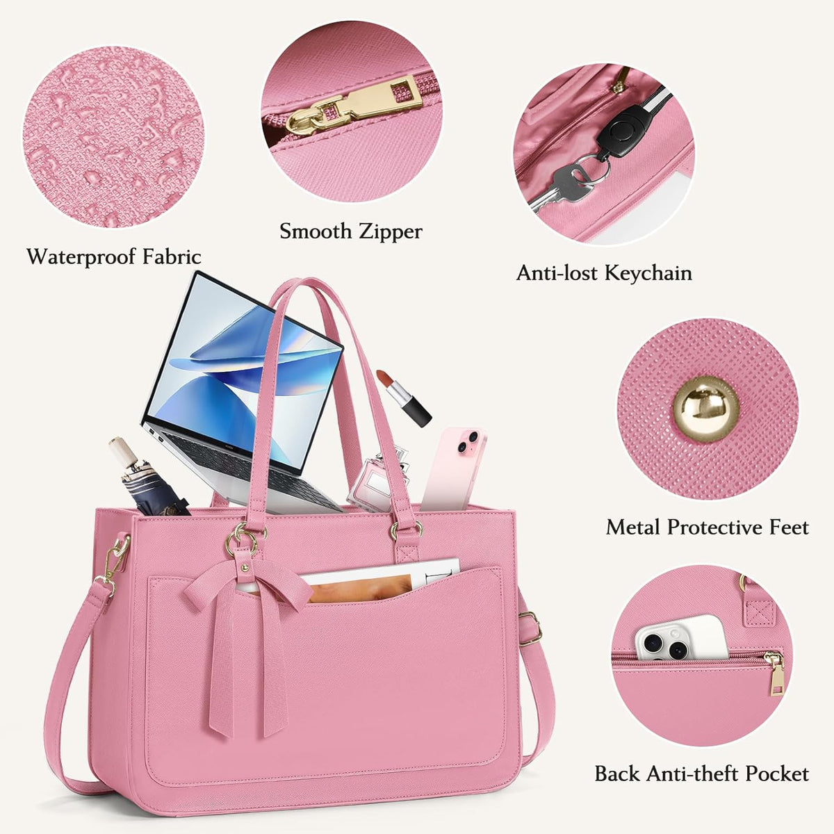 RAINSMORE Laptop Bag for Women 15.6 Inch Work Tote Bags Leather Laptop Tote Waterproof Computer Bag