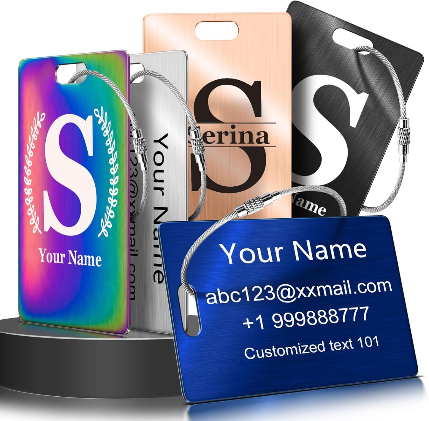 Personalized Initial Luggage Tags for Suitcases Bag - Laser Engraved Stainless Steel Custom Name ID Baggage Tags Travel Essentials Accessories - Fun Metal Backpacks Tag for Kids, Women (Nebula)