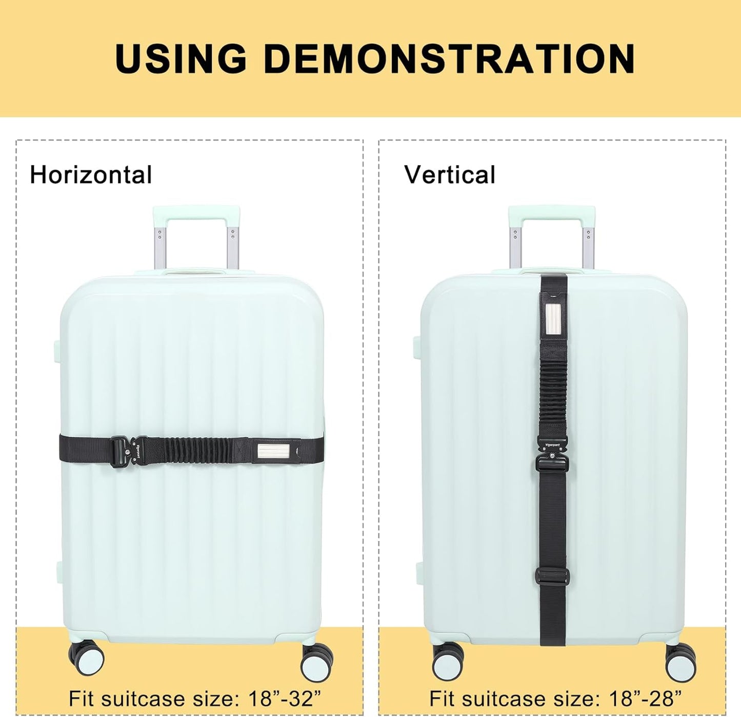 Vigorport Luggage Straps for Suitcases TSA Approved Suitcase Belt, Stretchable Travel Strap for Luggage, Heavy Duty Metal Buckle Luggage Belt Strap (Black, 72" Long/1PK)