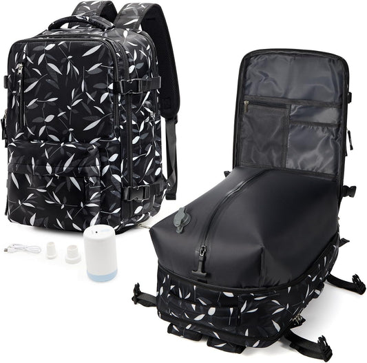 VGCUB Travel Backpack with Vacuum System Carry on 18x14x8 Inches Storage Compression Bags with Electric Pump Work Business Vacpack College Laptop Backpack for Women Men Leafy Black