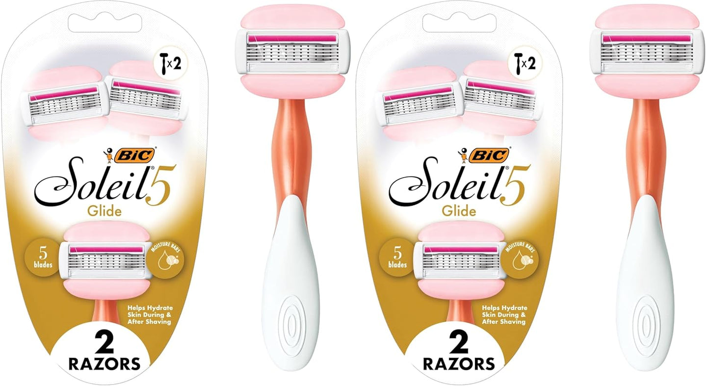 BIC Soleil Glide Disposable Razors for Women, 5 Blades With Shea Butter Moisture Strip For a Smooth Glide, 2 Piece Razor Set (Pack of 2)