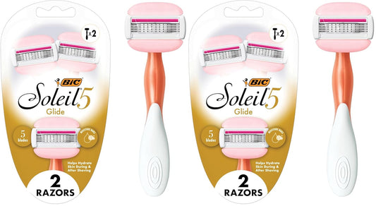 BIC Soleil Glide Disposable Razors for Women, 5 Blades With Shea Butter Moisture Strip For a Smooth Glide, 2 Piece Razor Set (Pack of 2)