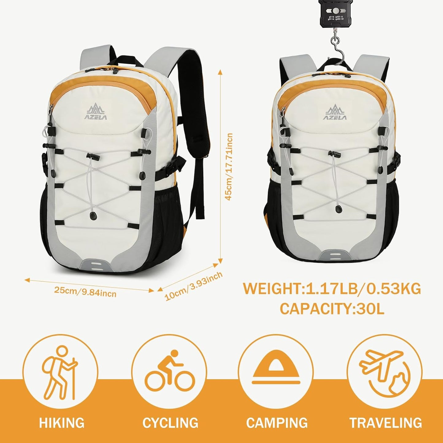 GES 30L Hiking Backpack Lightweight Water Resistant Daypack with Rain Cover & Laptop Compartment for Travel, Camping, trekking, Work（Gray）