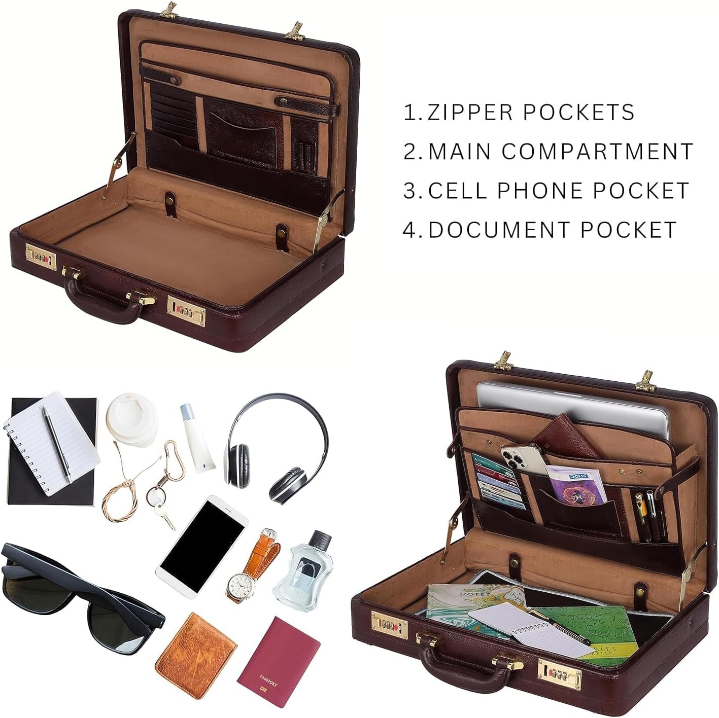 Full Grain Leather Briefcase Attache Case For Unisex Size L18 x W5 x H12 Inches Expandable Briefcase Bag