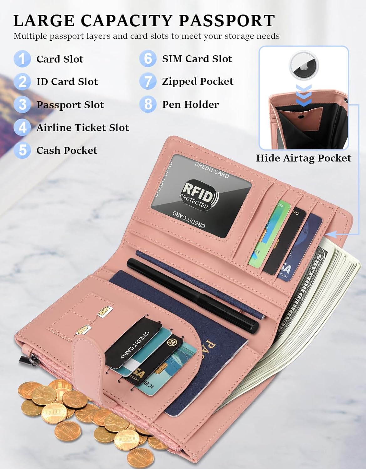 RFID Passport Holder for Women/Men Travel Gift, Large Capacity Passport Wallet, Family Travel Documents Organizer with Card/Airtag Slots, Zipper coin pocket, Cash Holder Passport Cover Case(Baby Pink)