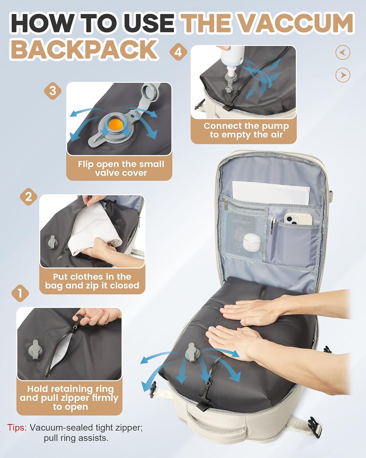 Vacuum Seal Travel Backpack with Air Pump,Compression Vacpack Waterproof Carry On Backpack for Travel Women Men with Vacuum System,Airlines Approved Daypack Laptop Space Saver Bags,Beige