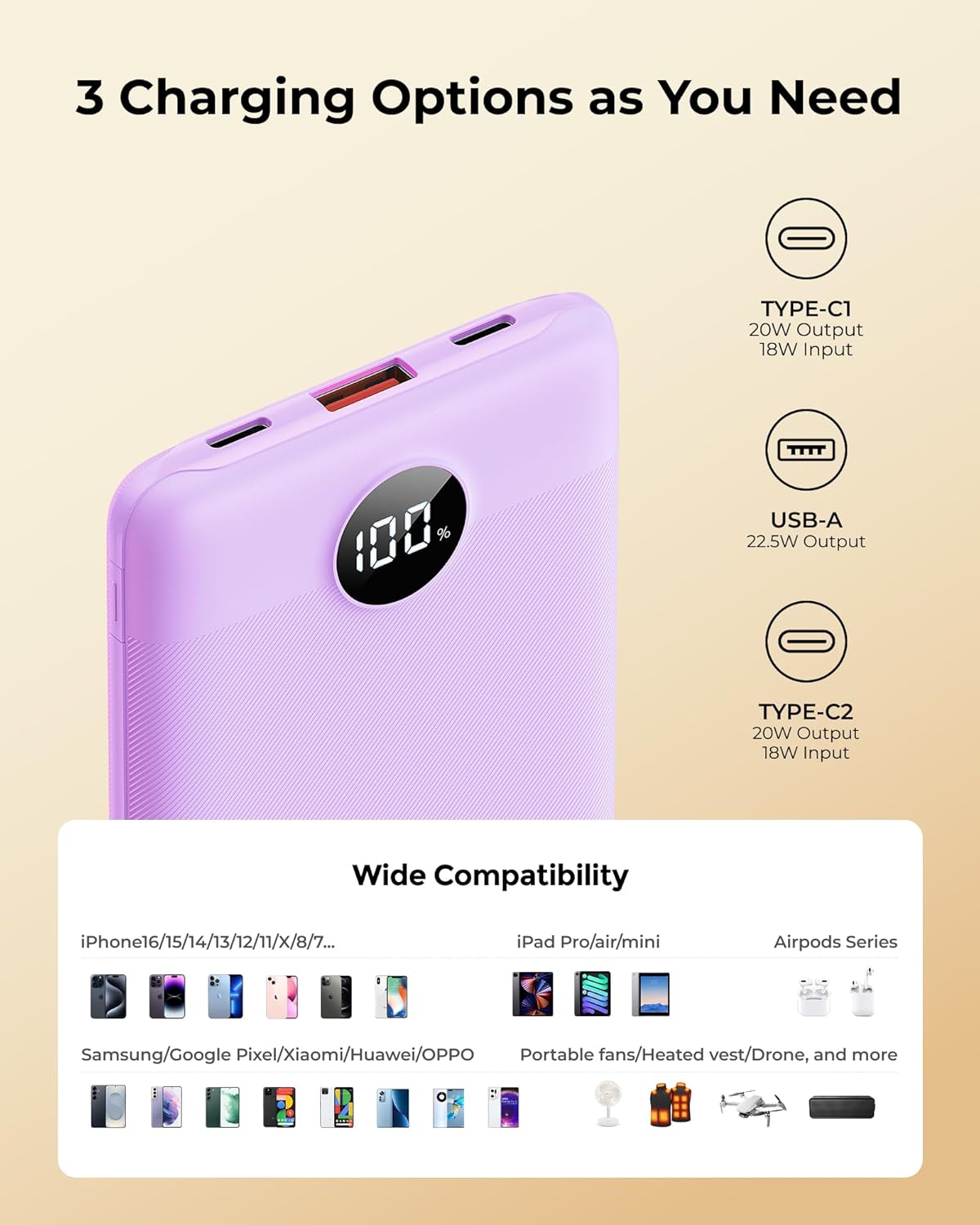 Small Portable Charger Power Bank 10,000 mAh, Upgraded Compact Battery Pack for Phone Charging, PD3.1&QC Fast Charging Mini Travel Power Bank for iPhone/Samsung/Google/Tablet/AirPod (Purple)