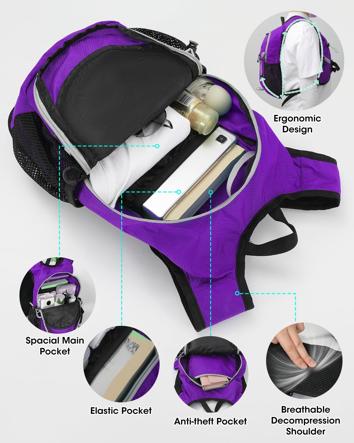 Small Hiking Backpack with Front Phone Holder, Packable Back pack with Chest and Waist Strap