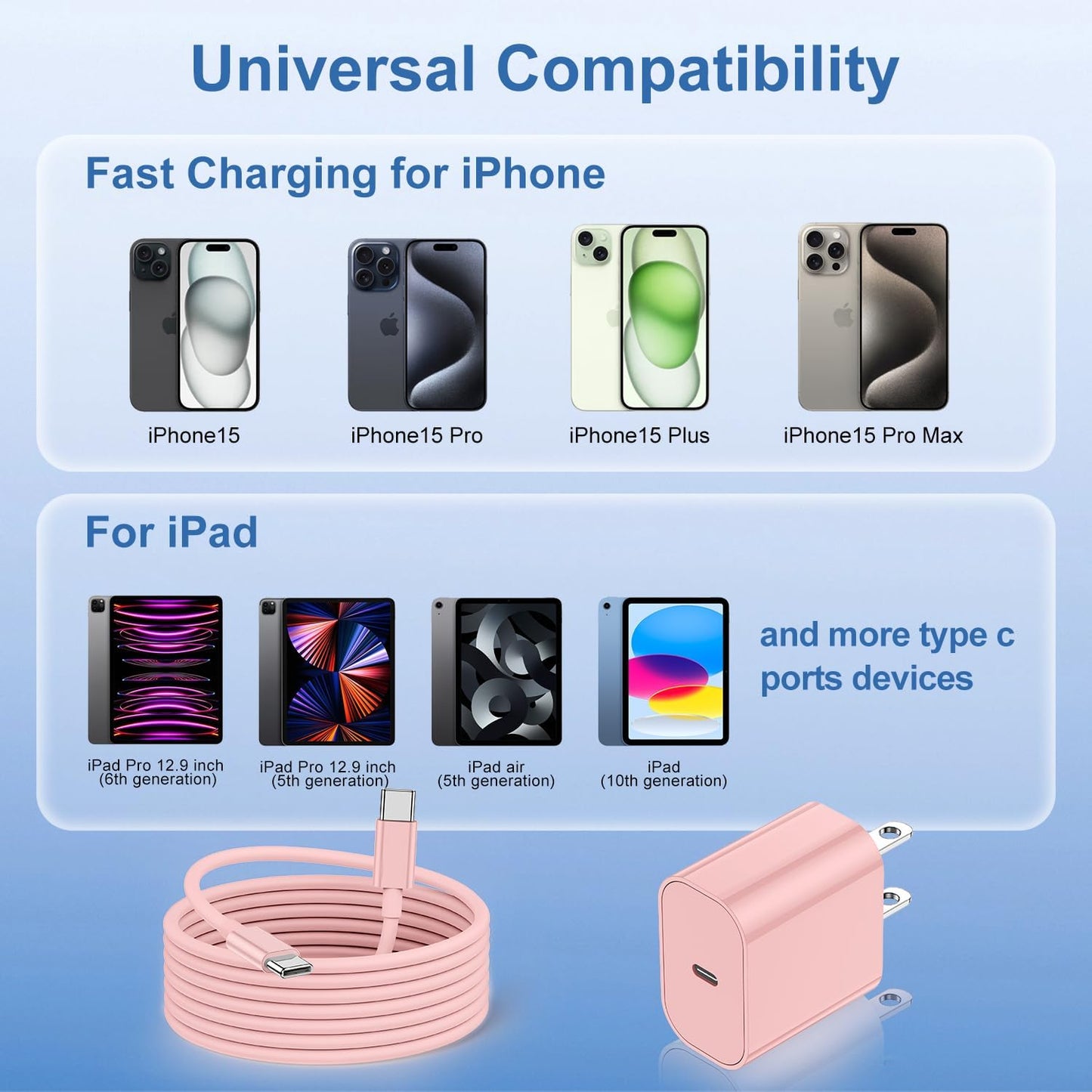 iPhone 17 16 15 Fast Charger Block and 10ft USB C to C Cable Cord Long for Apple iPhone 17 Pro Max/17 Air/16e/16 Plus/15/iPad Mini/Samsung,Type C Wall Charging Power Adapter Plug Cube Brick-Pink