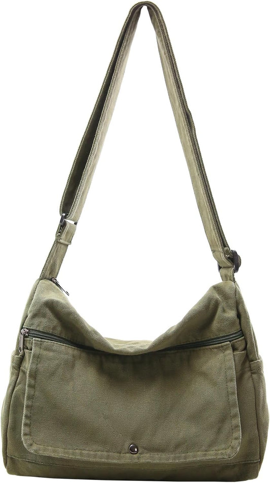 Canvas Messenger Bag for Women Hobo Crossbody Shoulder Bag Vintage Satchel Tote Handbag with Multiple Pockets