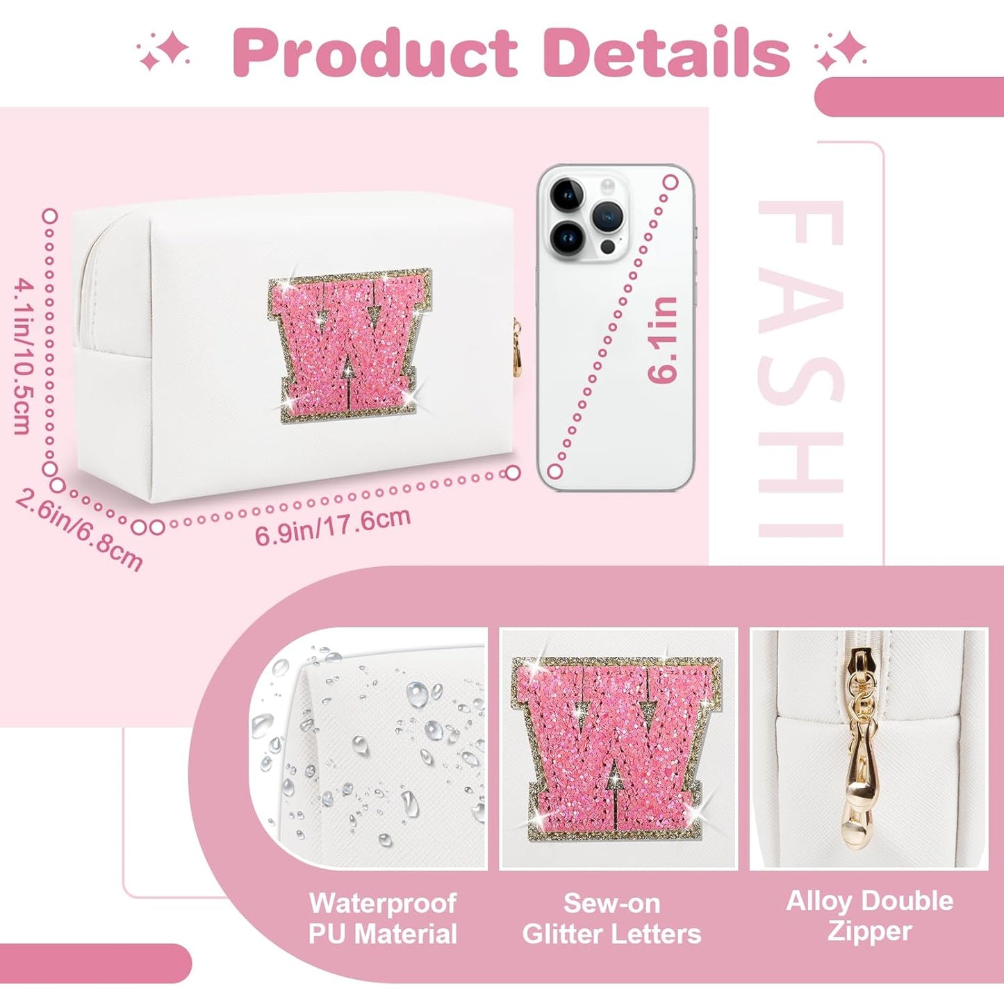 Small Initial Patch Makeup Bag Personalized Gifts Make Up Bag,White Cute PU Leather Glitter Letter Cosmetic Bag with Zipper,Trendy Portable Travel Toiletry Pouch,Preppy Stuff for Teen Girls Women W