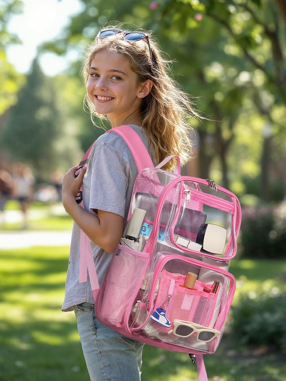 Heavy Duty Clear Backpack For Kids Women Men Boys Girls, 17 Inch Large See Through Backpack, 360° 3M Reflective Strips Clear Bookbag, Transparent Bag For School College Sport Work Security, Pink