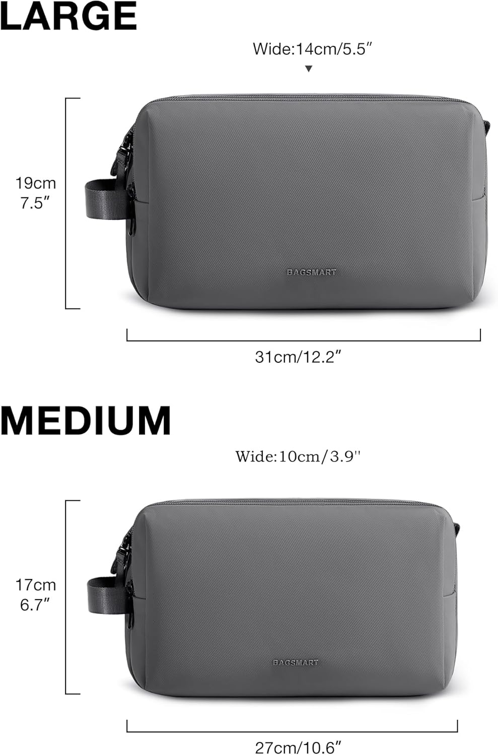 BAGSMART Toiletry Bag for Men, Travel Toiletry Organizer Dopp Kit Water-resistant Shaving Bag for Toiletries Accessories, Door Room Essentials,Grey-large