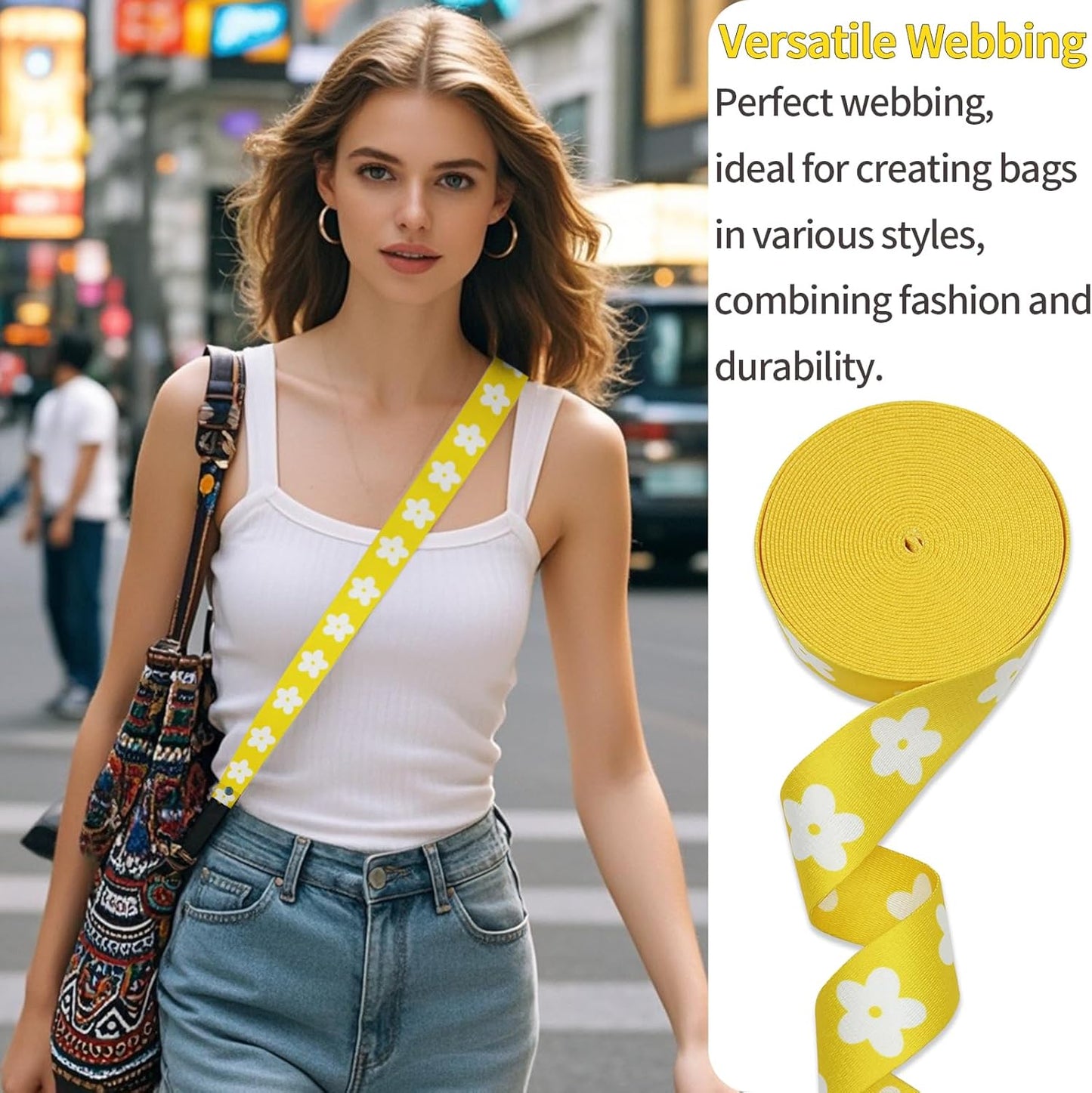 1.5 inch Nylon Webbing Straps for Bags with Buckle 1 1/2 inch 6 Yards Yellow Flower Heavy Duty Patterned Fabric Webbing Luggage Handle for Backpack-Decorative Supplies-Clothing-Sewing-DIY Crafts