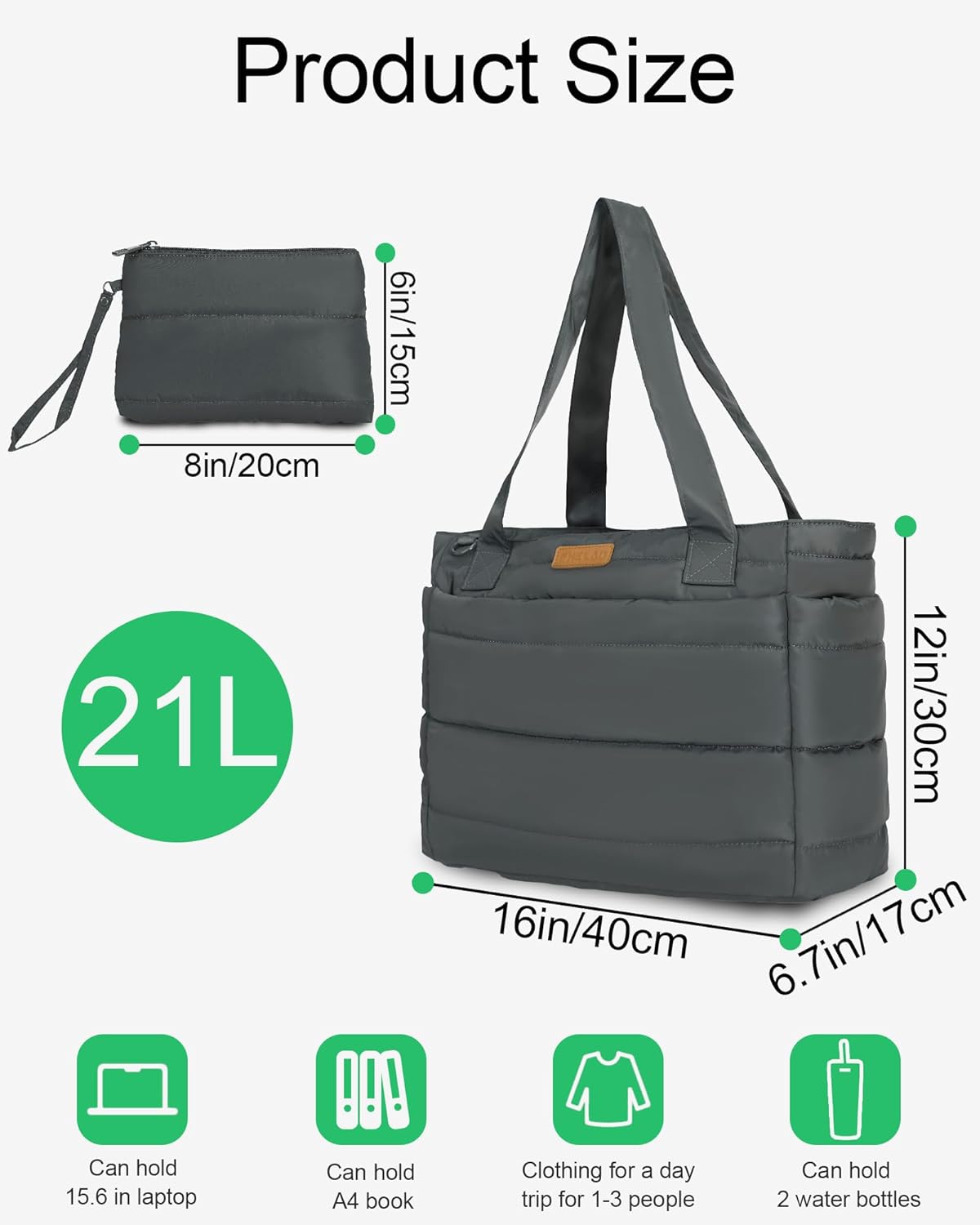 Tote Bag for Women, Quilted Puffer Work Bag for Nurse with 16" Laptop Pocket, Puffy Travel Shoulder Bag for School Gym