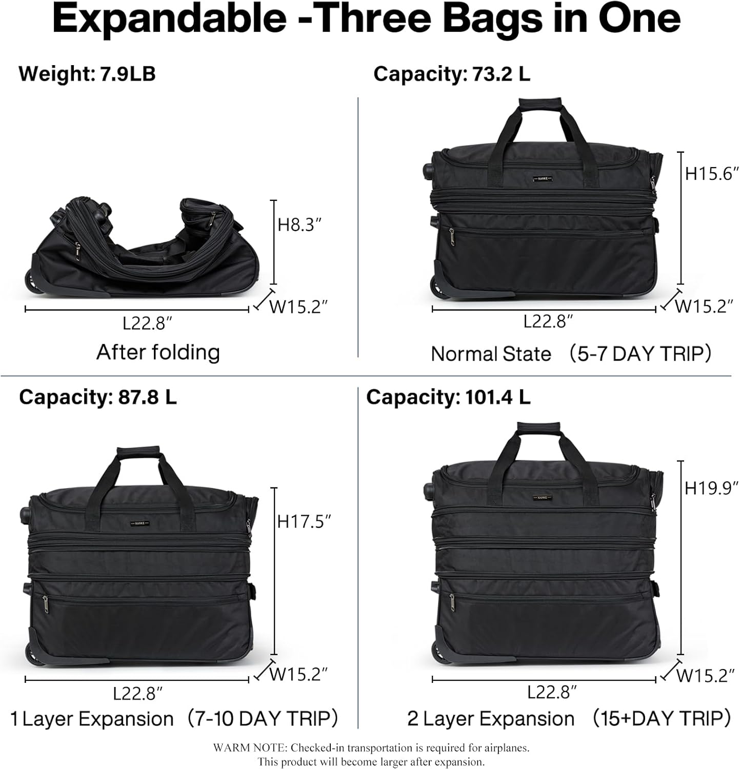 Hanke Large Expandable checked Luggage Suitcases with Wheels Foldable Duffle Bag for Travel