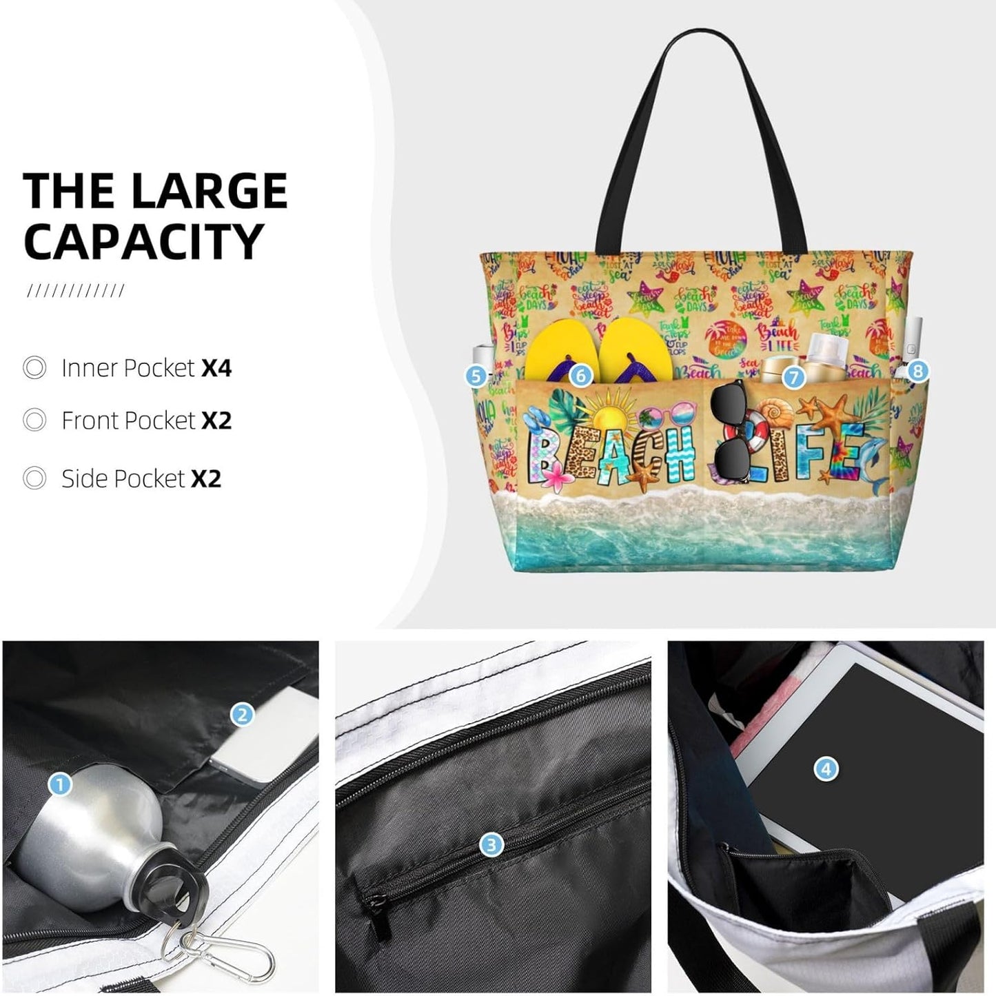 Large Beach Tote Bag Beach Bag Waterproof Sandproof Lightweight Women Tote