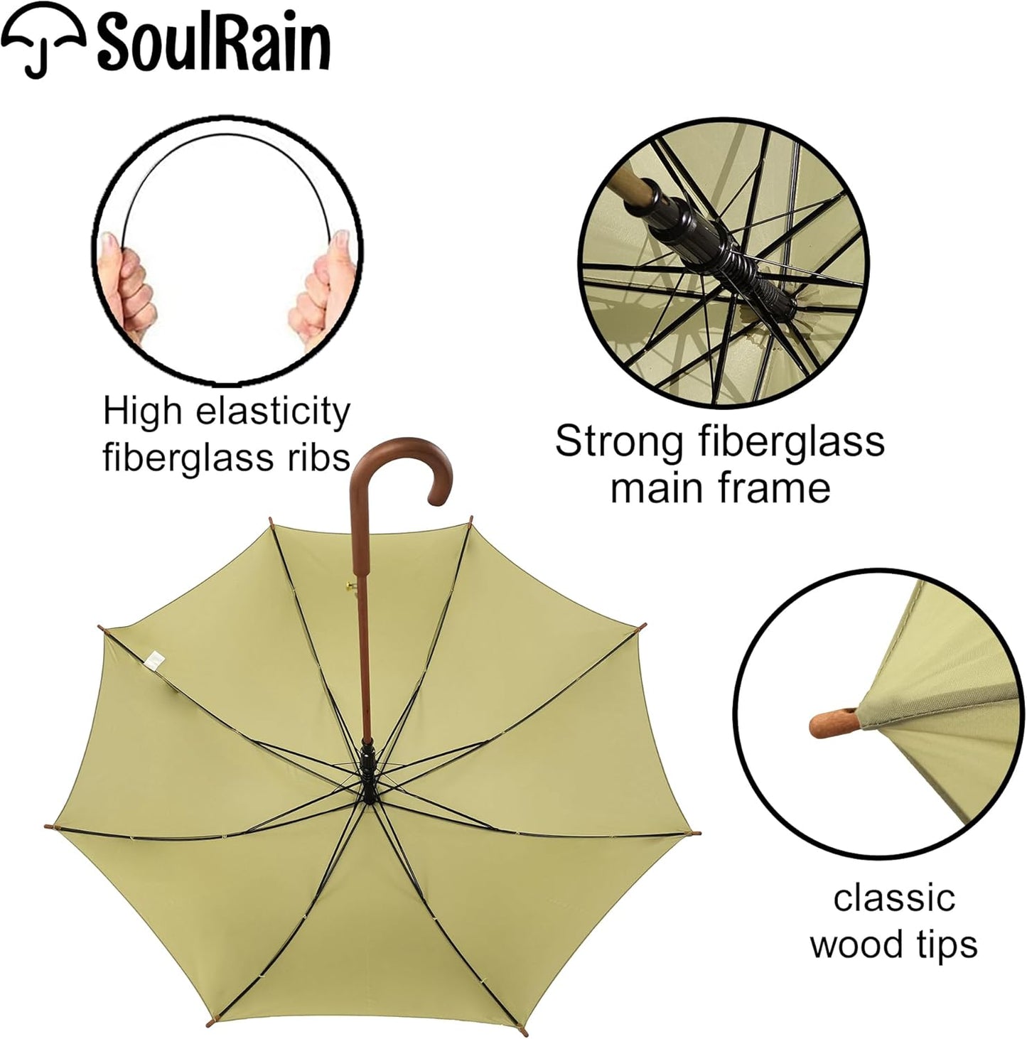 SoulRain 48" Large Umbrella –Windproof Stick Umbrellas for Rain, Automatic Open, Vintage Cane big Umbrella with Classic Wooden Handle,Open for 2 Persons adult,for Women & Men(Beige)