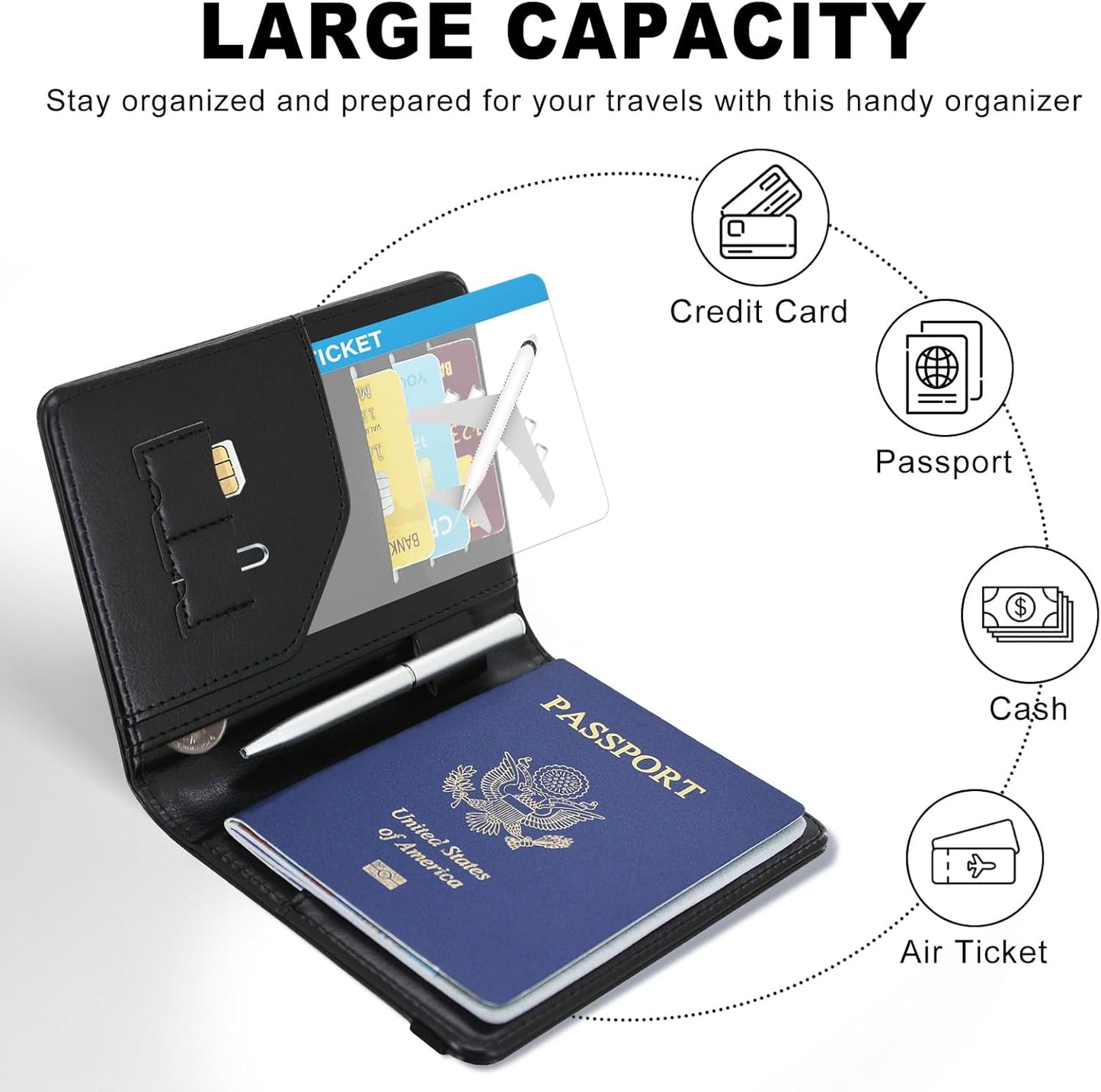 ACdream RFID BLOCKING Passport Holder Travel Wallet, Premium PU Leather Cover Passport Book with Card Holder, Pen Holder, Keep Organization, and Travel Essentials for Women and Men, Black