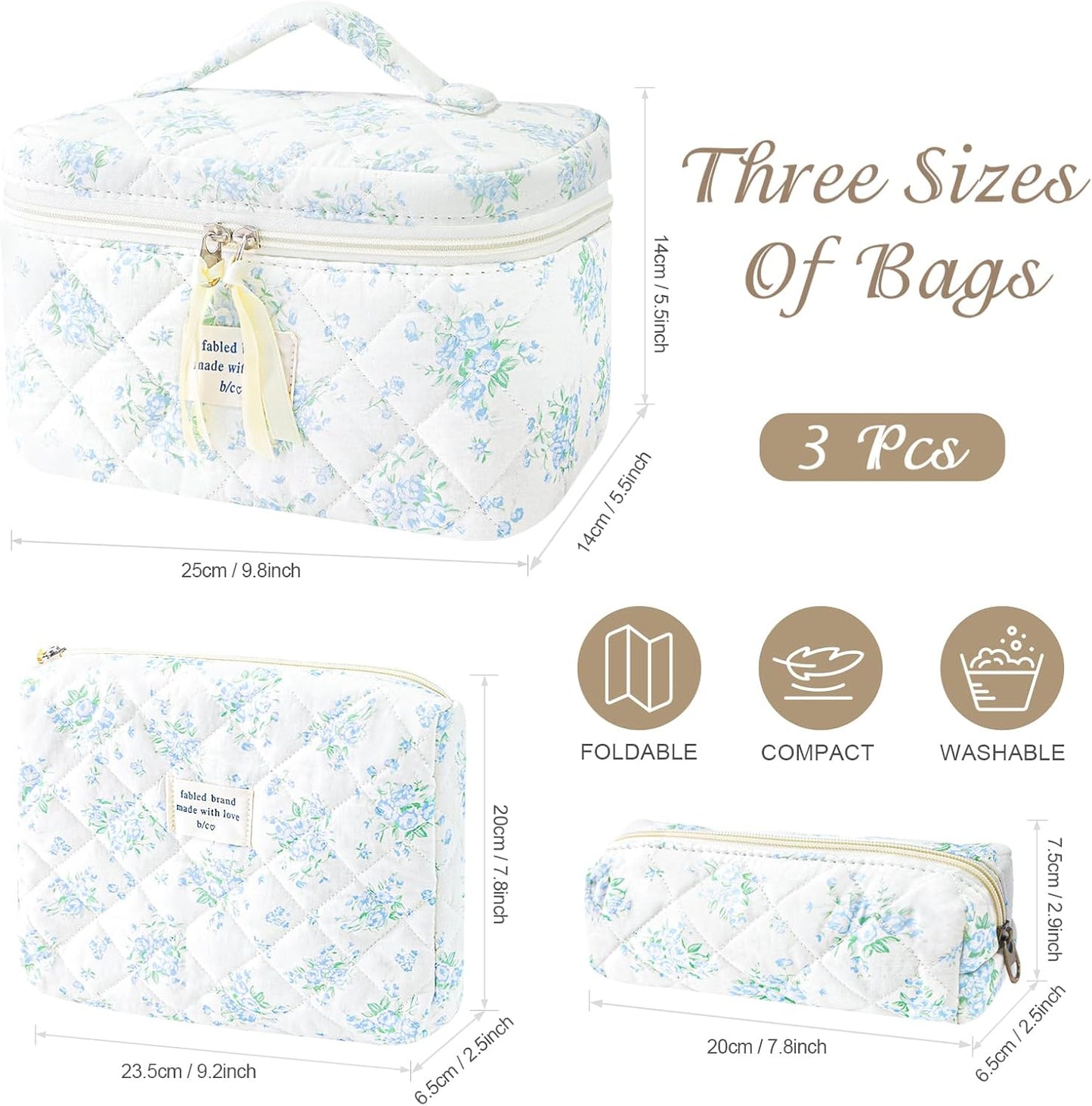 3Pcs Cotton Quilted Makeup Bag for Women Girls, Large Floral Cosmetic Bag Set Cute Makeup Brushes Aesthetic Accessories Storage Bag Blue Rose Flower Travel Toiletry Bag Organizer
