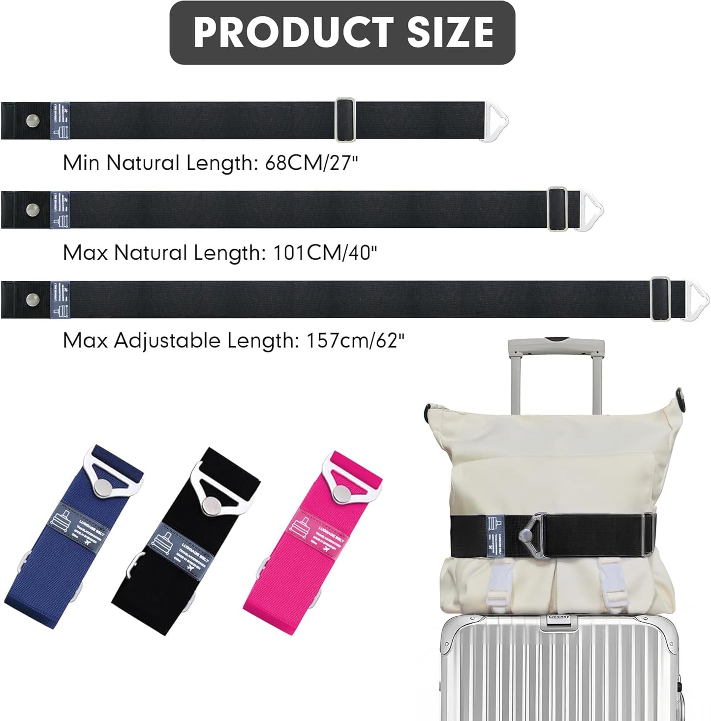2-in-1 Travel Belt for Luggage Over Handle, Luggage Belt for Carry on Bag, Suitcase Straps, Add a Bag Bungees Luggage Straps Adjustable with Alloy Buckle,Hands-Free for Airport (Black, 2 Pack)