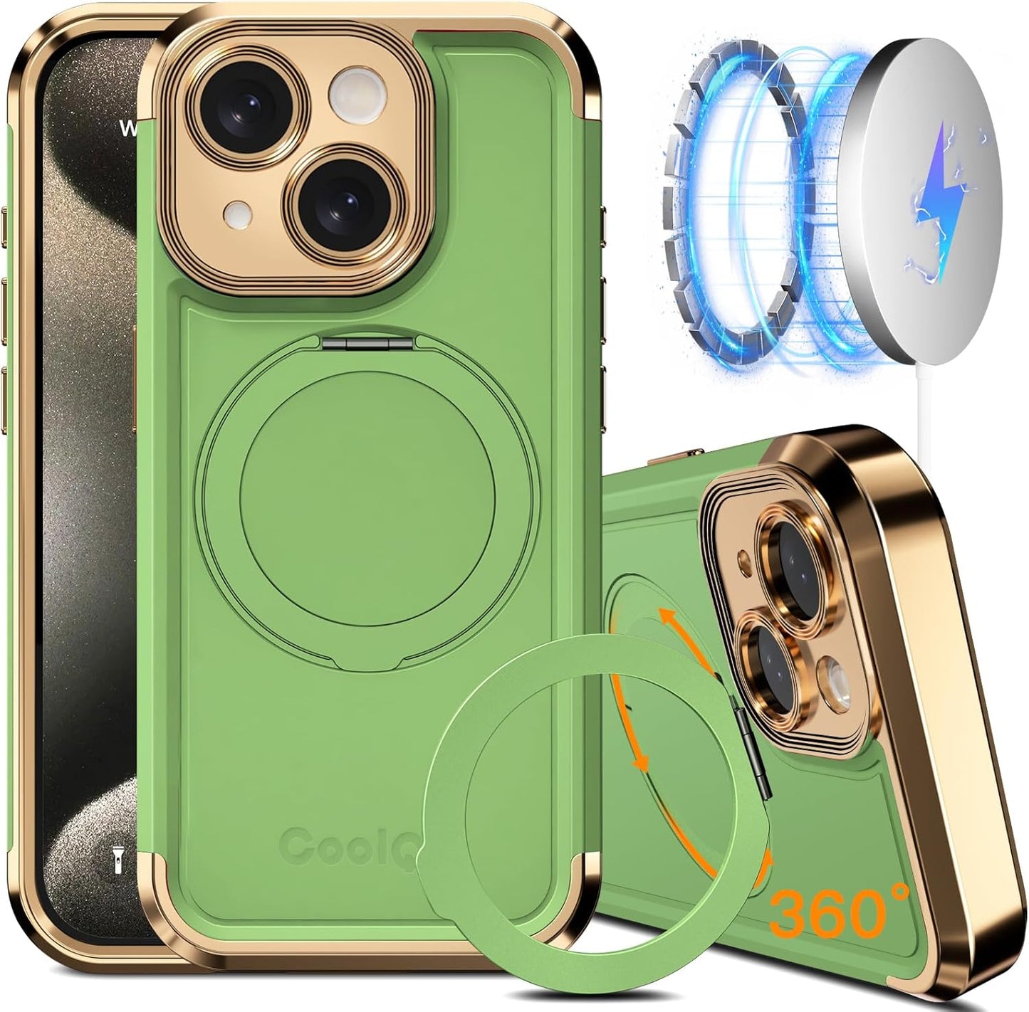 COOLQO for iPhone 13 Case 6.1'' Upgraded 360° Spin Magnetic Stand [Compatible with Magsafe][Military Protection] Plating Matte Scratch-Resistant Back Protective Shockproof Phone Case, Matcha Gold
