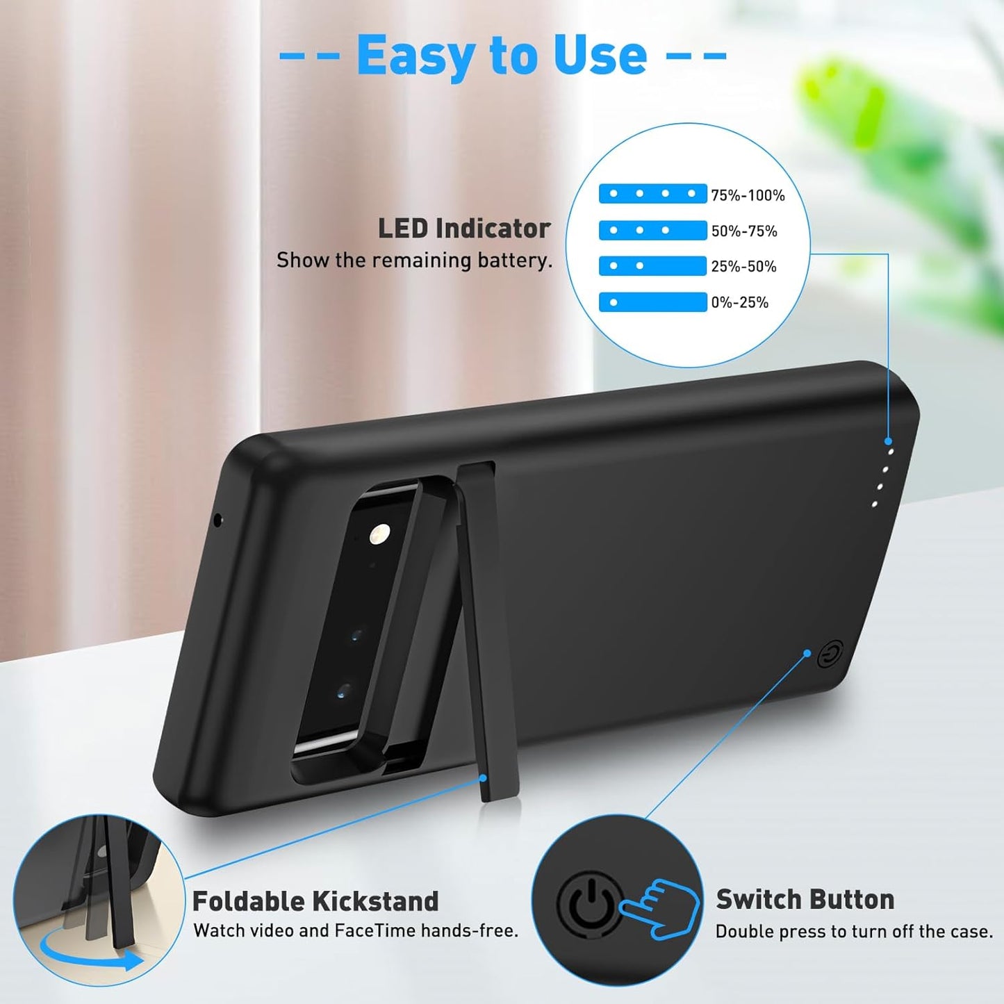 Battery Case for Google Pixel 6 Pro, 10,000mAh Rechargeable Phone Charging Case with Kickstand, Extended Backup Charger Cover for Pixel 6 Pro 5G(6.7")- Black