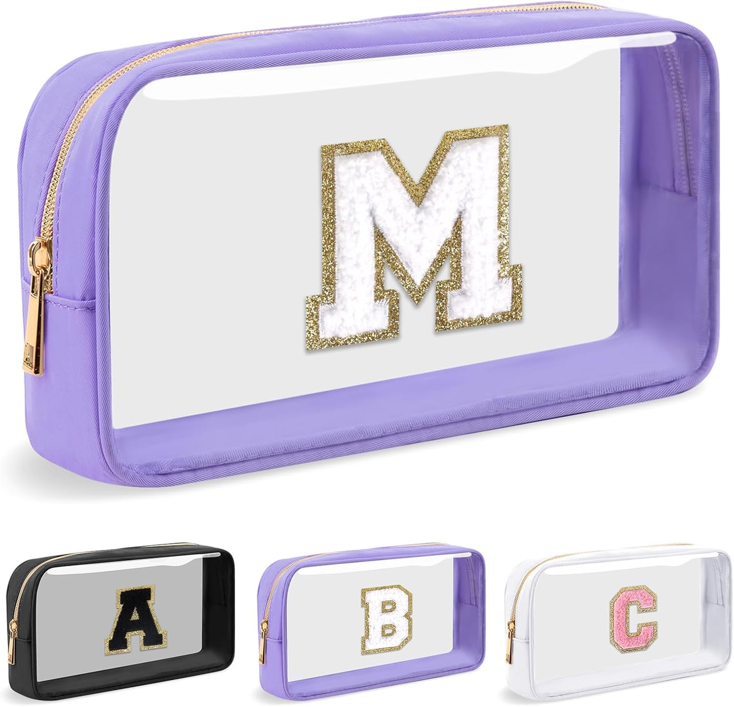 Personalized Initial Letter Clear Makeup Bag,Preppy Small Nylon&PVC Cosmetic Zipper Bag with Chenille Letter,Travel Skincare Toiletry Bag,Monogram Christmas Gift for Teen Girls Women,M