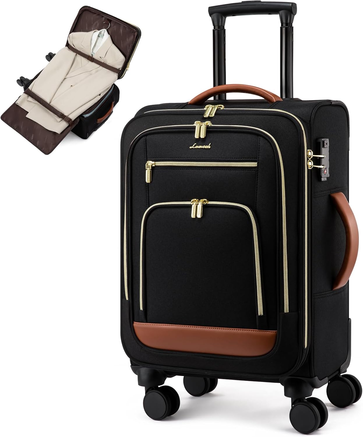 LOVEVOOK Carry on Luggage 22x14x9 Airline Approved, 22 Inch Large Rolling Suitcase with Garment Bag, Spinner Wheels & TSA Lock, 49L Softside Lightweight Underseat Carry-on Luggage for Men Women Travel