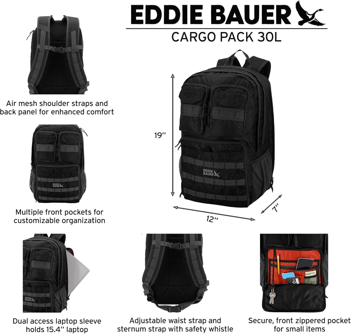 Eddie Bauer Cargo Tactical Backpack | Adventure | Heavy Duty | Outdoor | Water Resistant | 600D Polyester