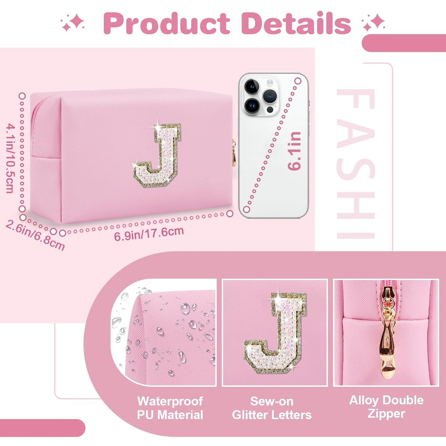 Small Personalized Initial A-Z Patch Makeup Bag,Pink Cute PU Leather Glitter Letter Cosmetic Bag for Teen Girls,Travel Toiletry Bag with Zipper,Preppy Monogrammed Birthday Gift for Daughter Niece J
