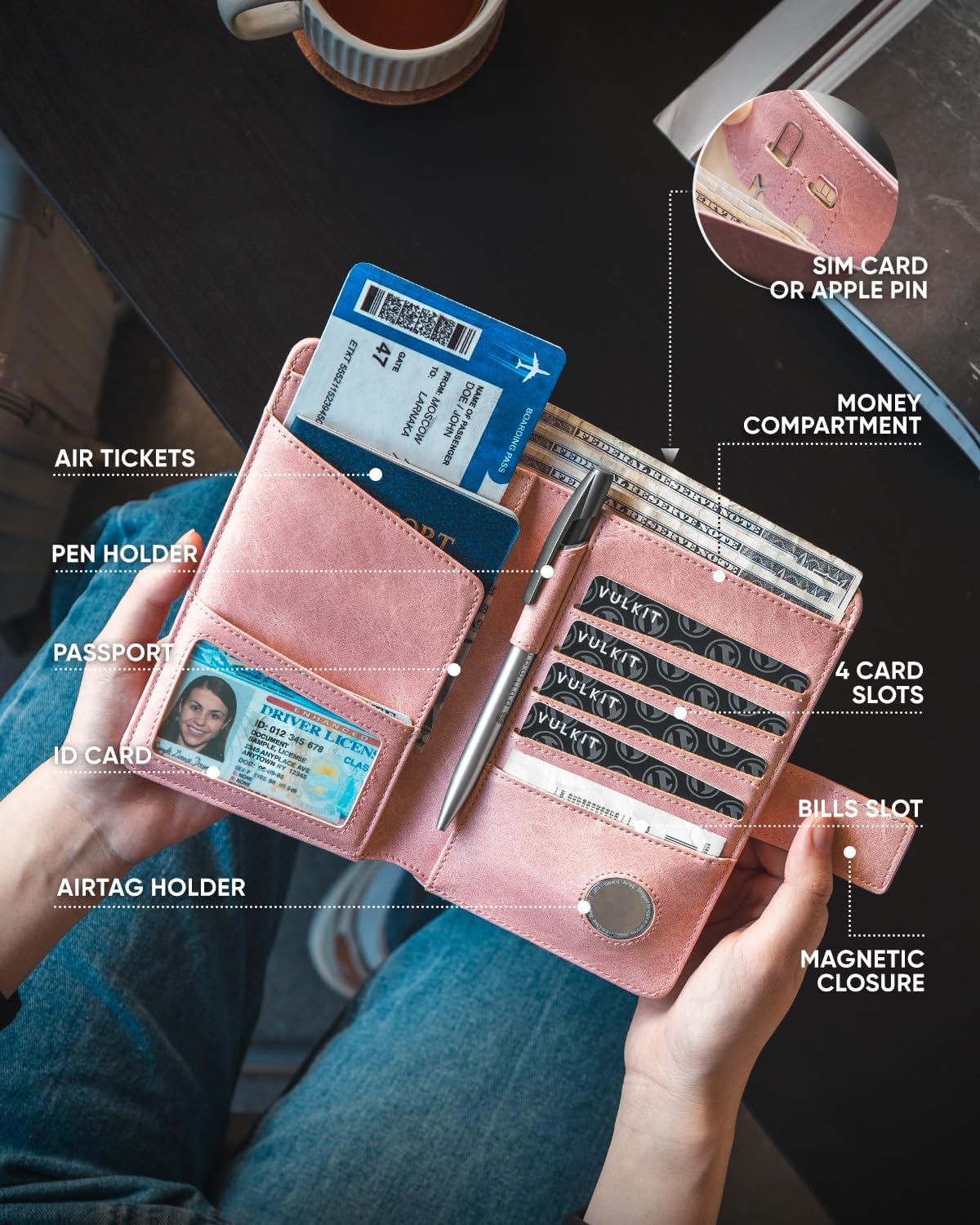 Real Leather Wallet Airtag Compatible RFID Bifold Travel Card Holder Black (Pink)