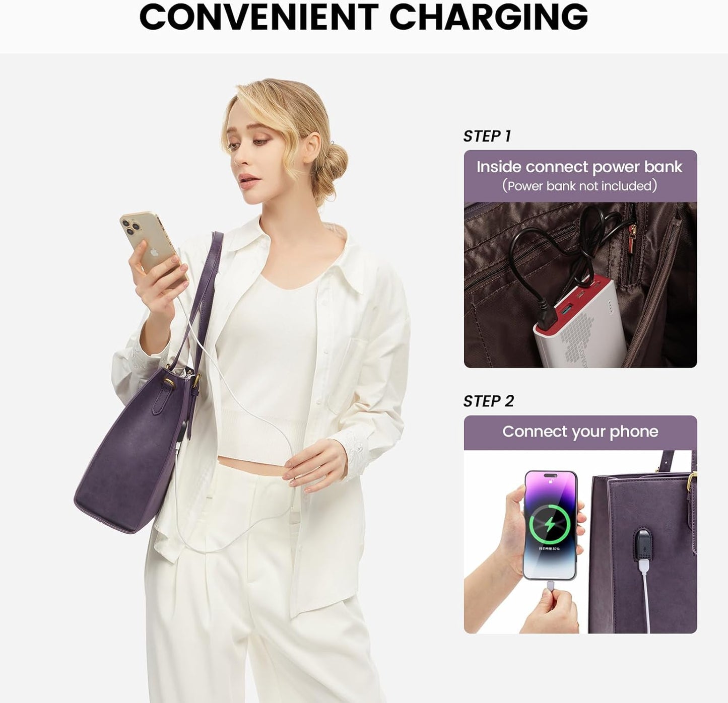 LOVEVOOK Laptop Bag for Women, 15.6 Inch Large Waterproof Leather Work Briefcase with USB Charging Port Casual Computer Shoulder Bag Messenger, Fashion Business Office Tote Handbag Purse, Purple